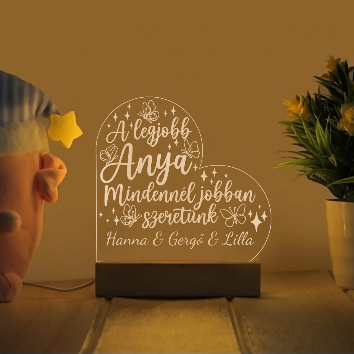 Szív alakú LED lámpa a legjobb anyának névvel