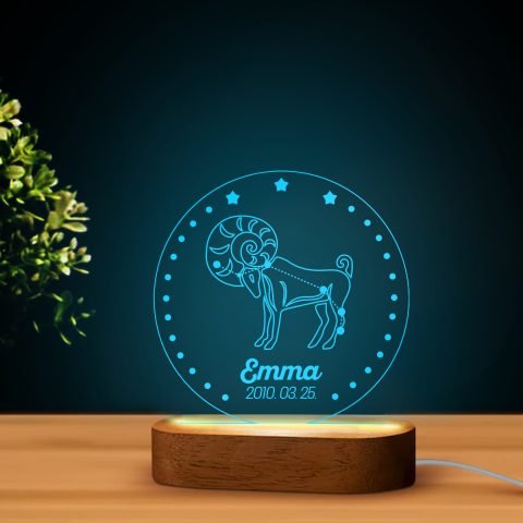Kos horoszkópos LED lámpa névvel, dátummal