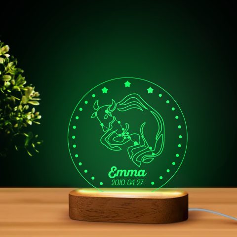 Bika horoszkópos LED lámpa névvel, dátummal