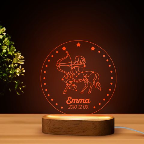 Nyilas horoszkópos LED lámpa névvel, dátummal