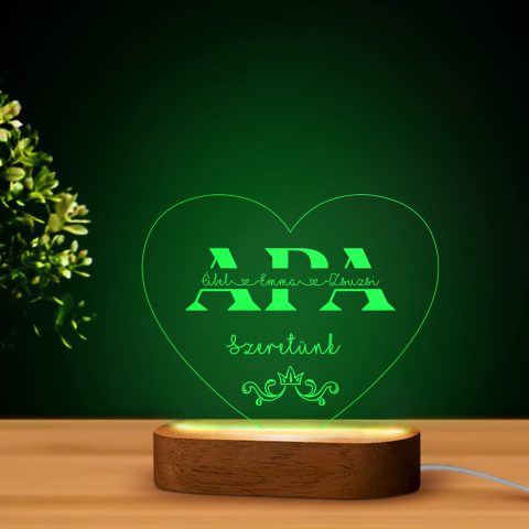 Szeretünk apa szív alakú LED lámpa névvel