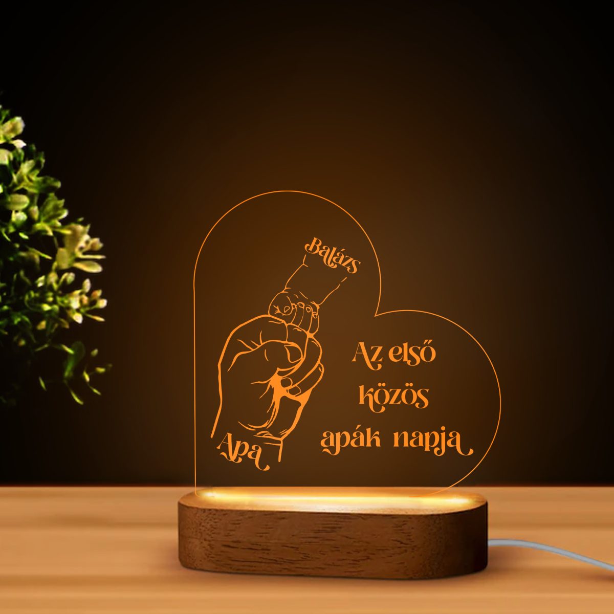 Az első közös apák napja szív alakú LED lámpa névvel