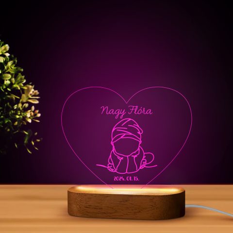 Szív alakú baba vonalrajzos LED lámpa névvel, dátummal