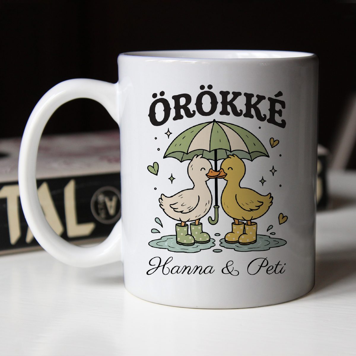 Örökké kacsás bögre pároknak, névvel