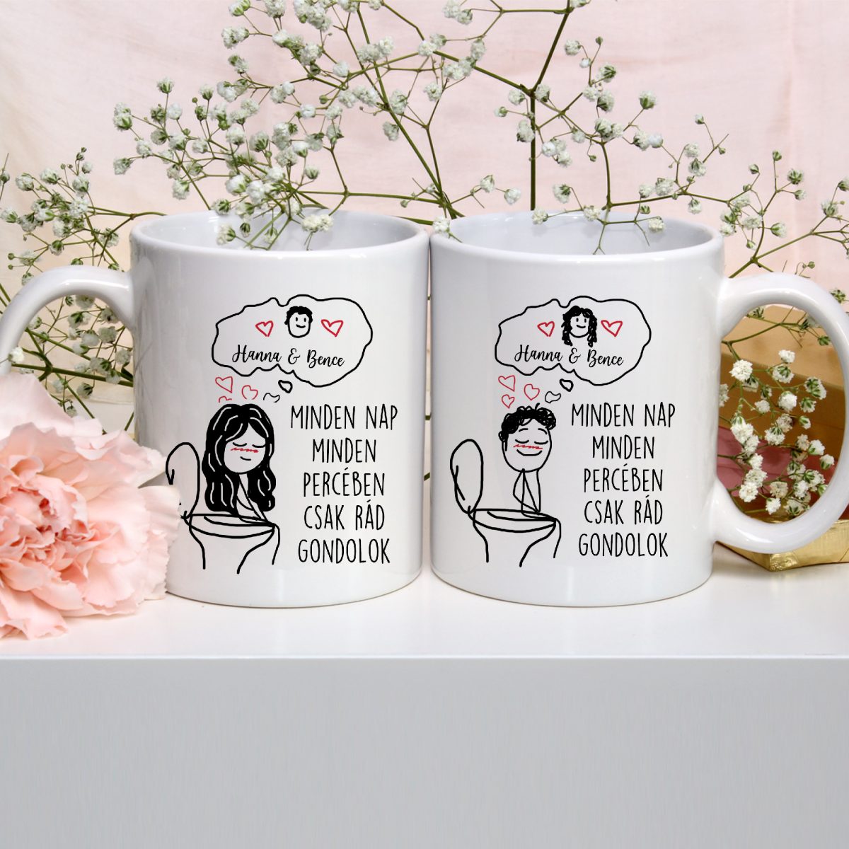Minden nap minden percében csak rád gondolok páros bögre névvel