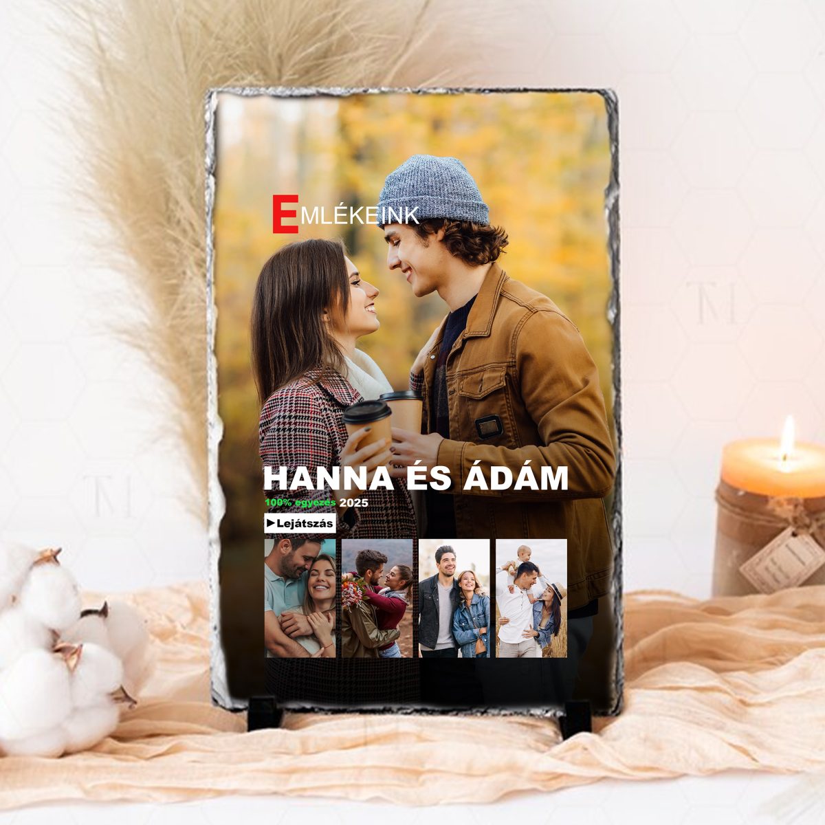 Emlékeink egyedi kőtábla, 5 képpel, nevekkel, évszámmal